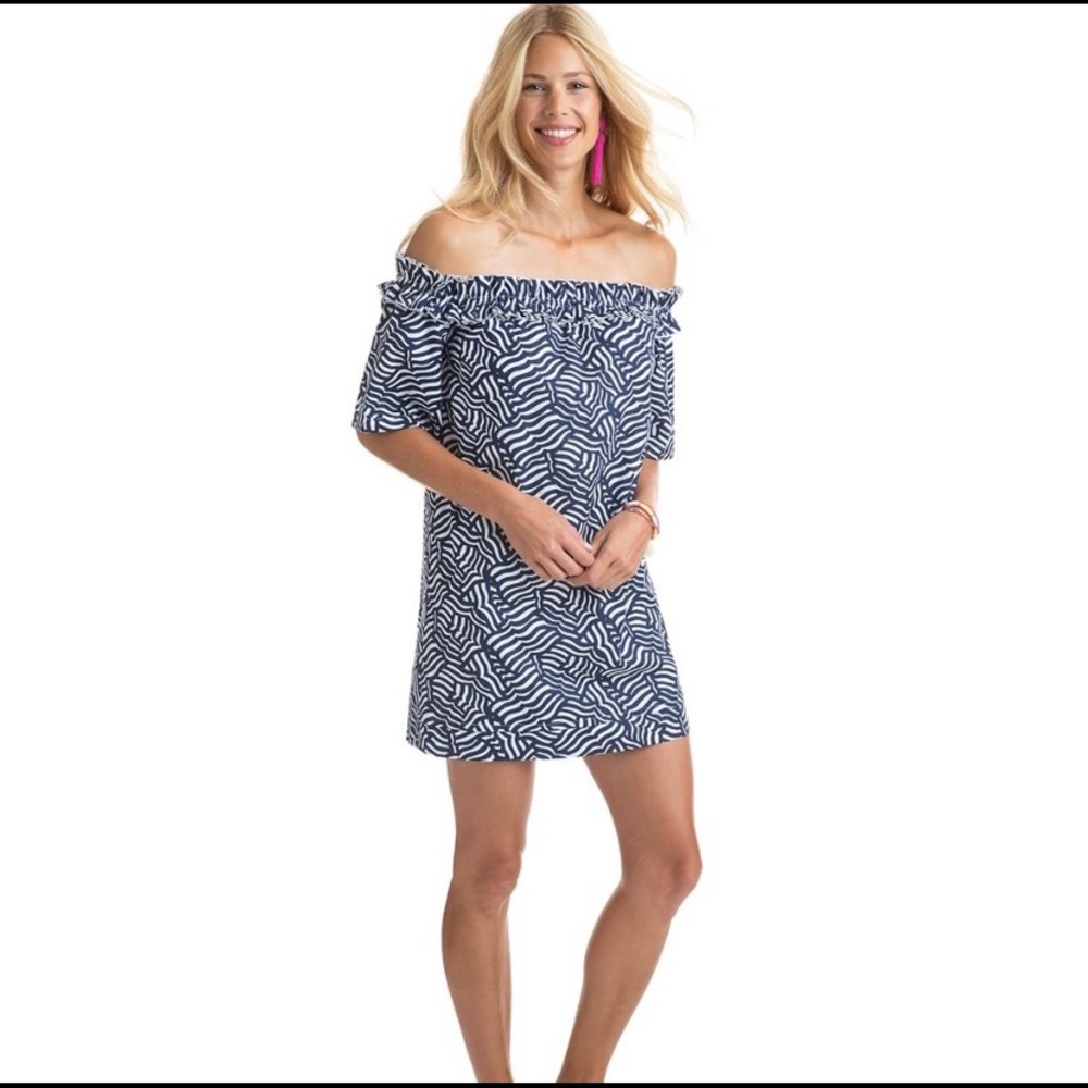 Vinyard Vines blue and white off the shoulder dress
